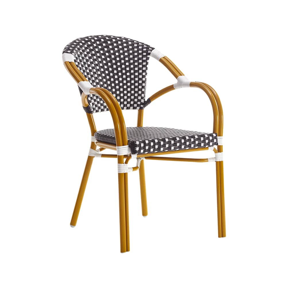Patio Chair with Black and White Rattan, Aluminum in Cherry Finish