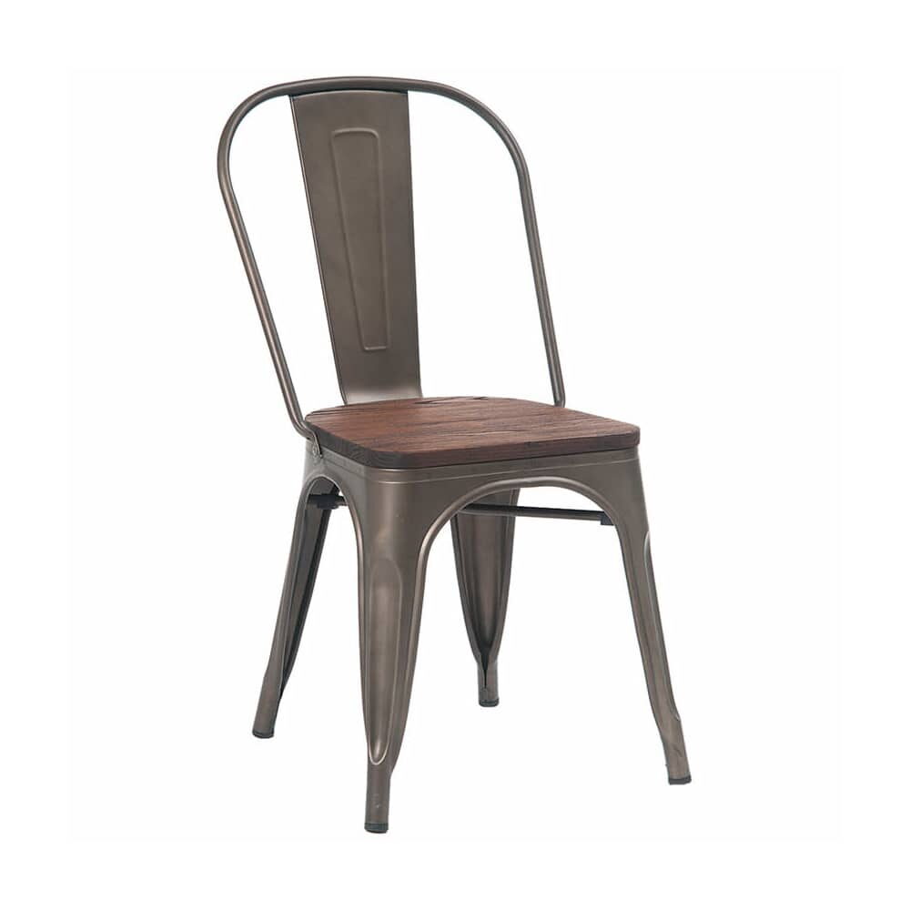 Metal Chair with Dark Gray Finish and Walnut Wood Seat, Bistro-Style
