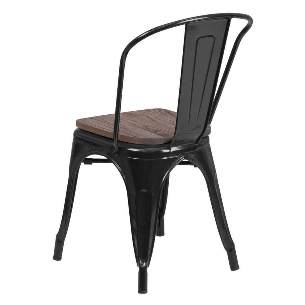 Metal Chair in Black with Walnut Wood Seat, Bistro-Style