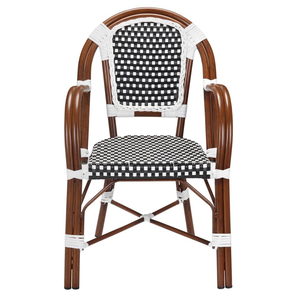 Patio Armchair, Walnut Finish with Black and White Rattan