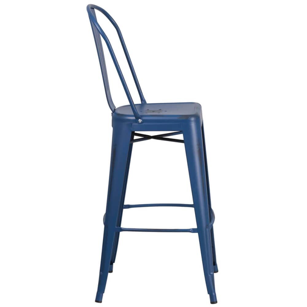 Metal Bar Stool in Distressed Dark Blue, Bistro-Style