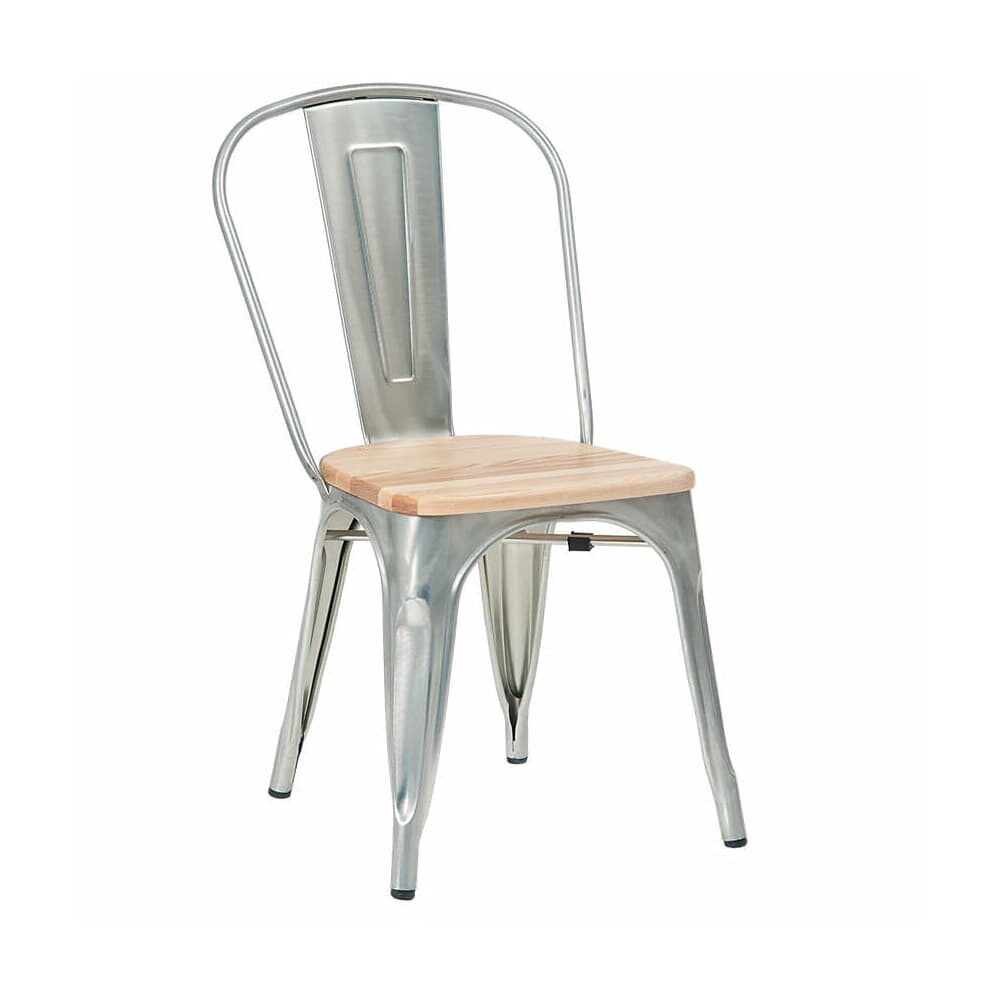 Metal Chair with Silver Finish and Natural Wood Seat, Bistro-Style