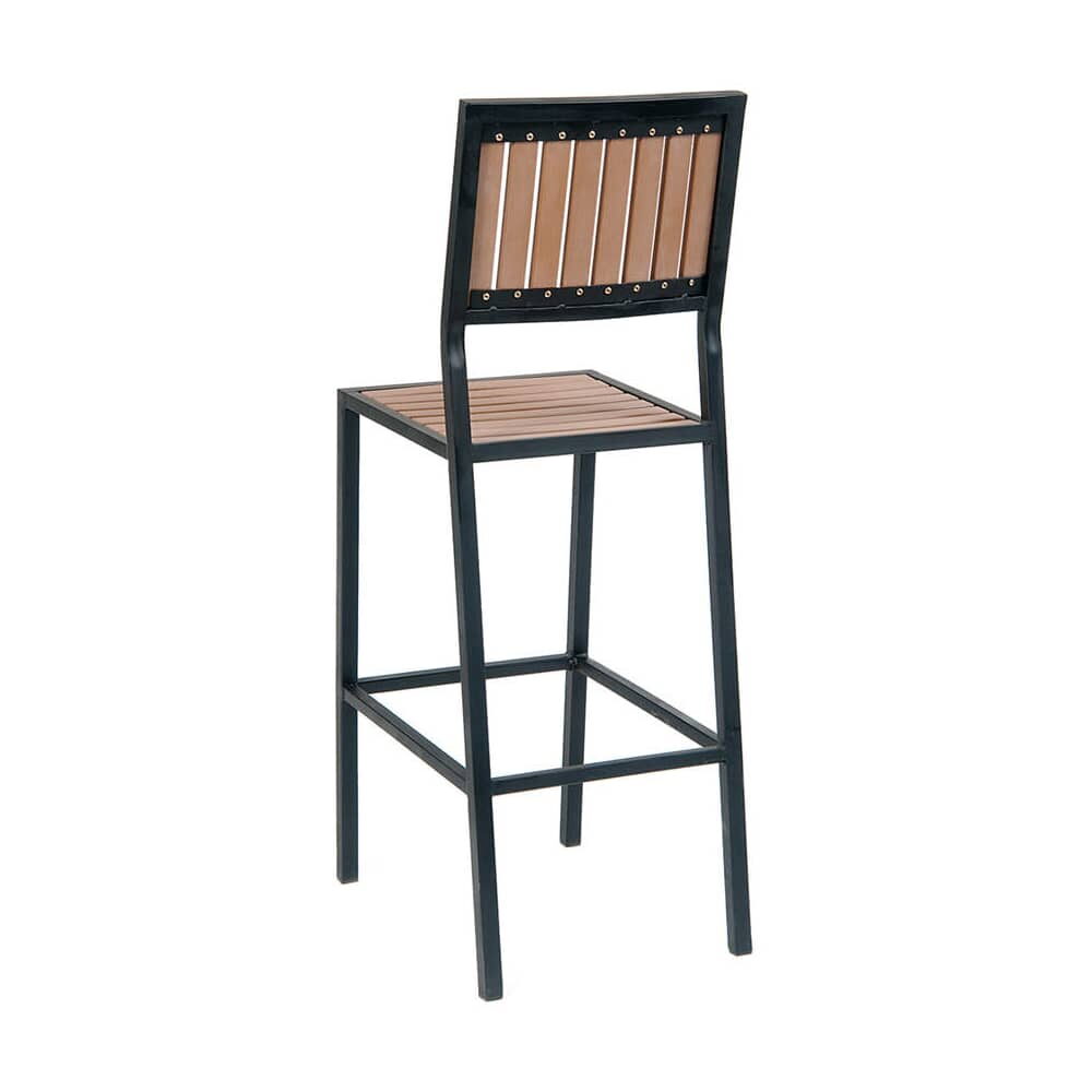 Bar Stool with Vertical Slat Faux Teak, Black Metal Natural Finish