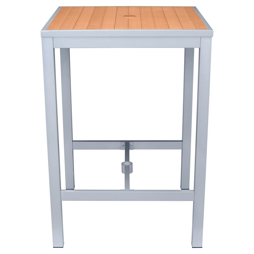 Outdoor Bar Table with Faux Teak, Gray Finish Aluminum