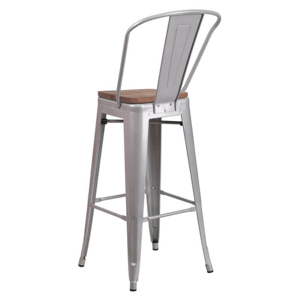 Bar Stool with Walnut Wood Seat, Bistro-Style Silver Metal