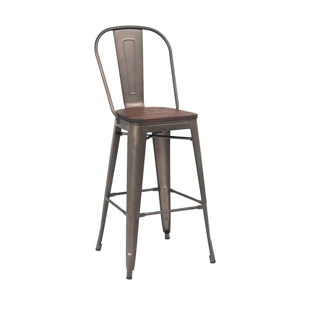 Metal Bar Stool with Walnut Wood Seat, Dark Gray Bistro-Style