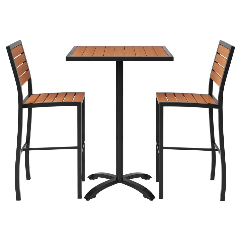 Bar-Height Patio Set, Black Aluminum and Faux Teak