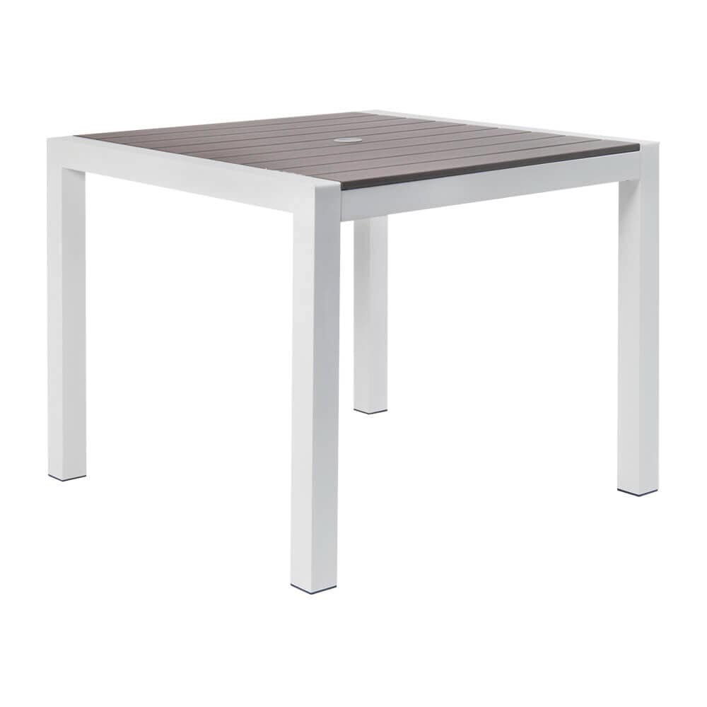 Patio Table with Gray Faux Teak Top and White Aluminum