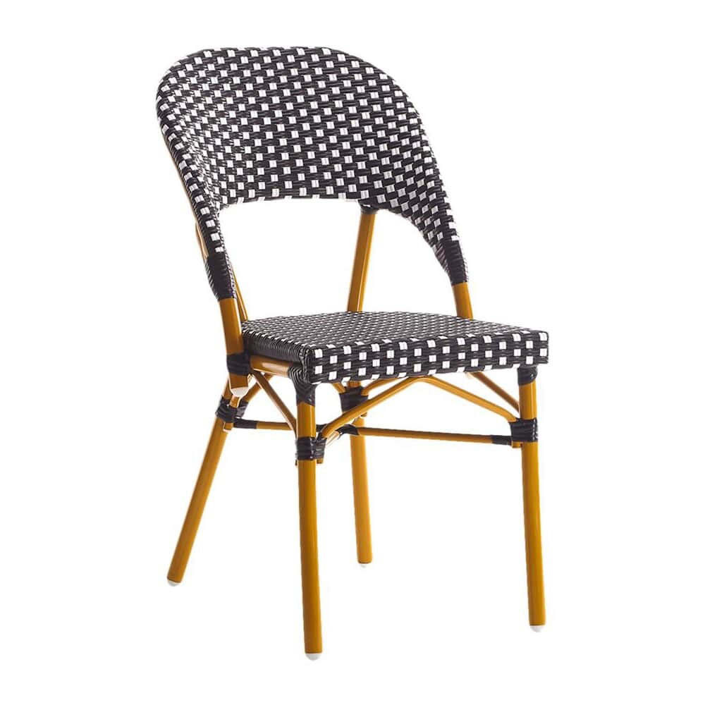 Metal Patio Chair with Cherry Frame, Bamboo and Black and White Rattan