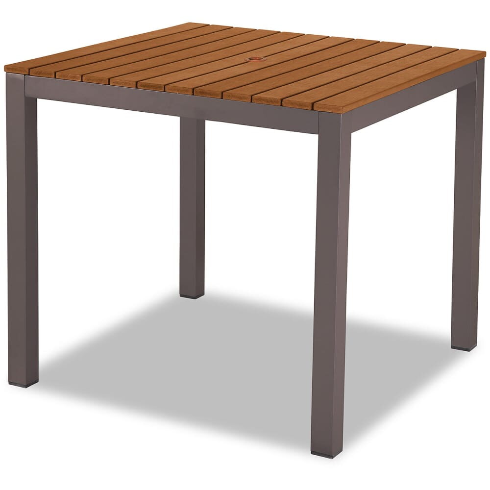 Patio Table in Aluminum with Rust Color Finish and Faux Teak Slats
