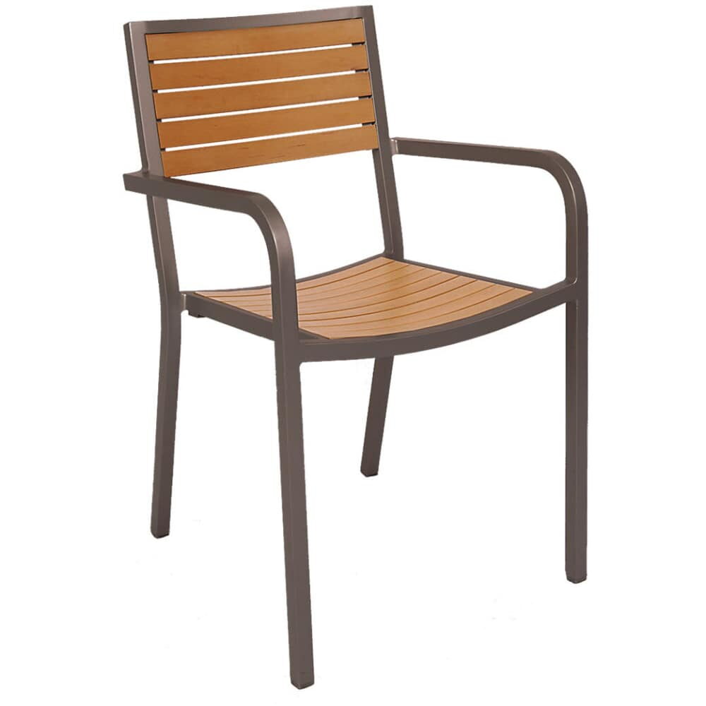 Patio Armchair with Faux Teak, Rust Colored Aluminum