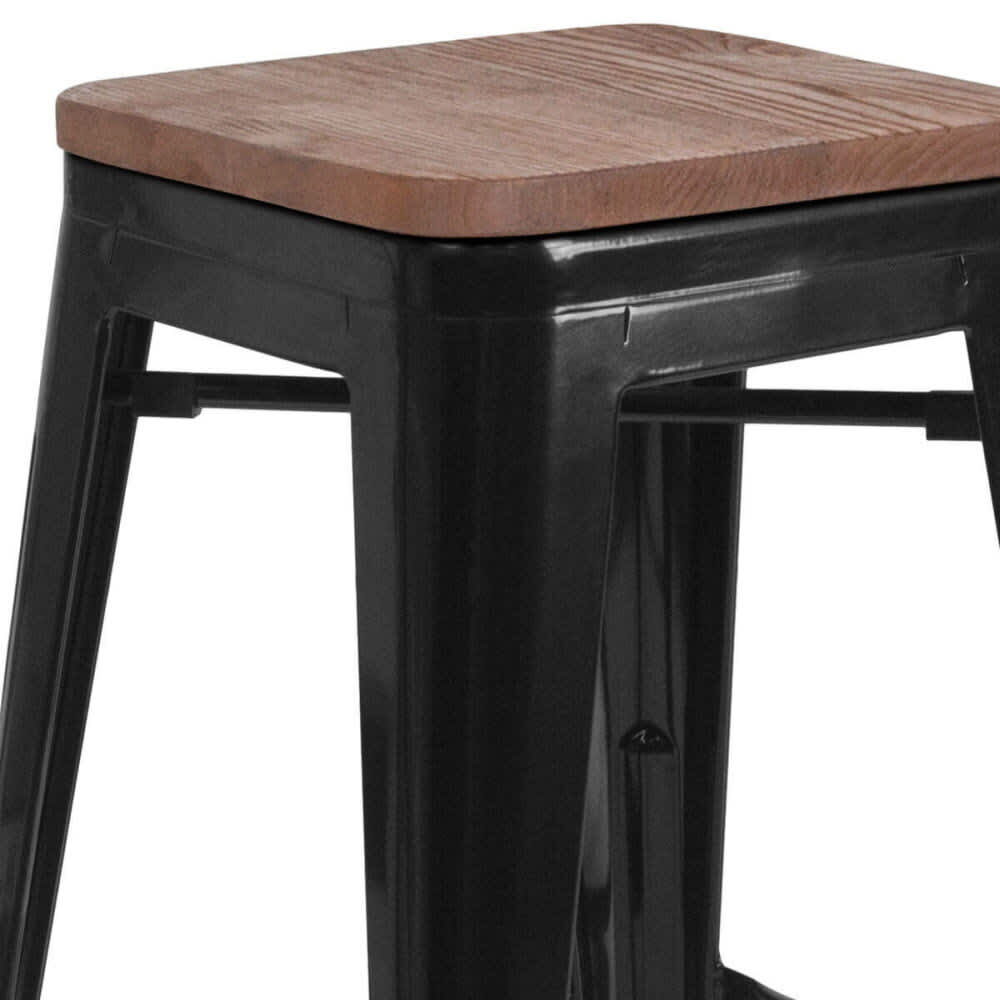 Backless Bar Stool with Walnut Wood Seat, Bistro-Style Black Metal