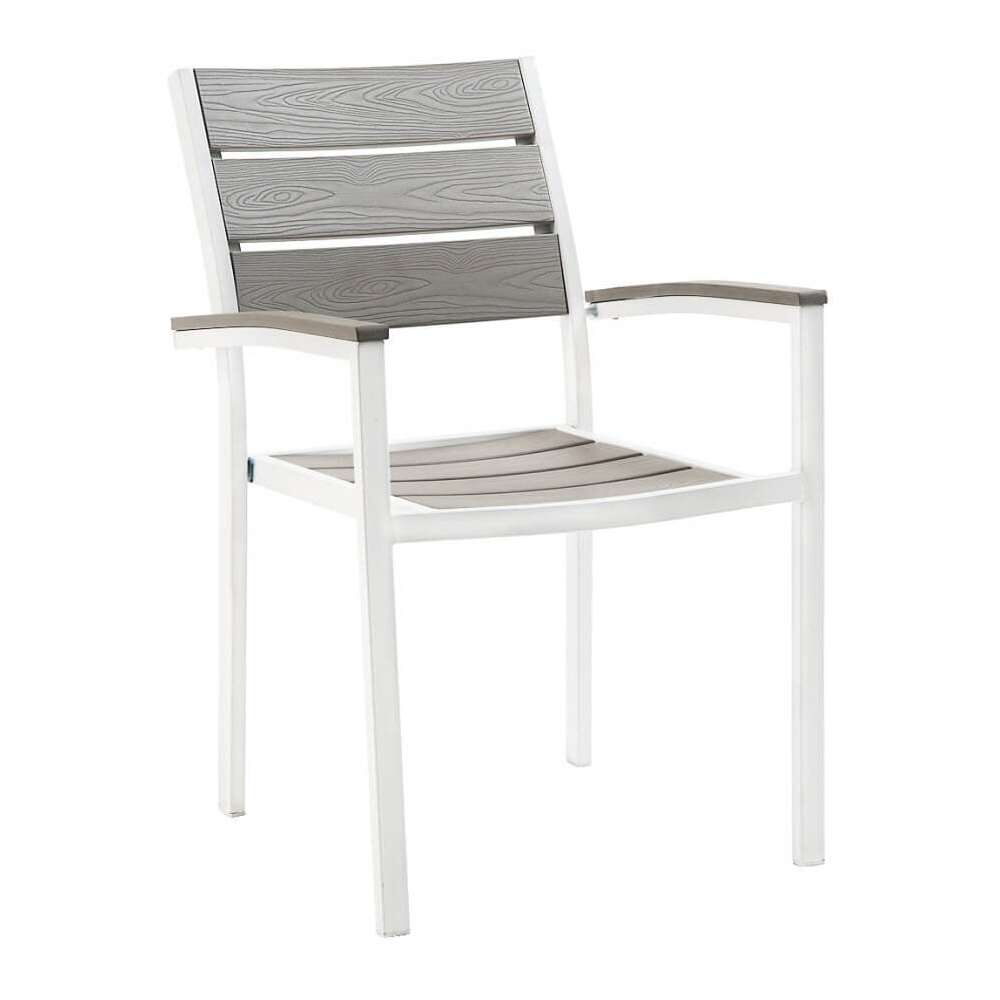 Armchair with Gray Finish Faux Teak, White Metal