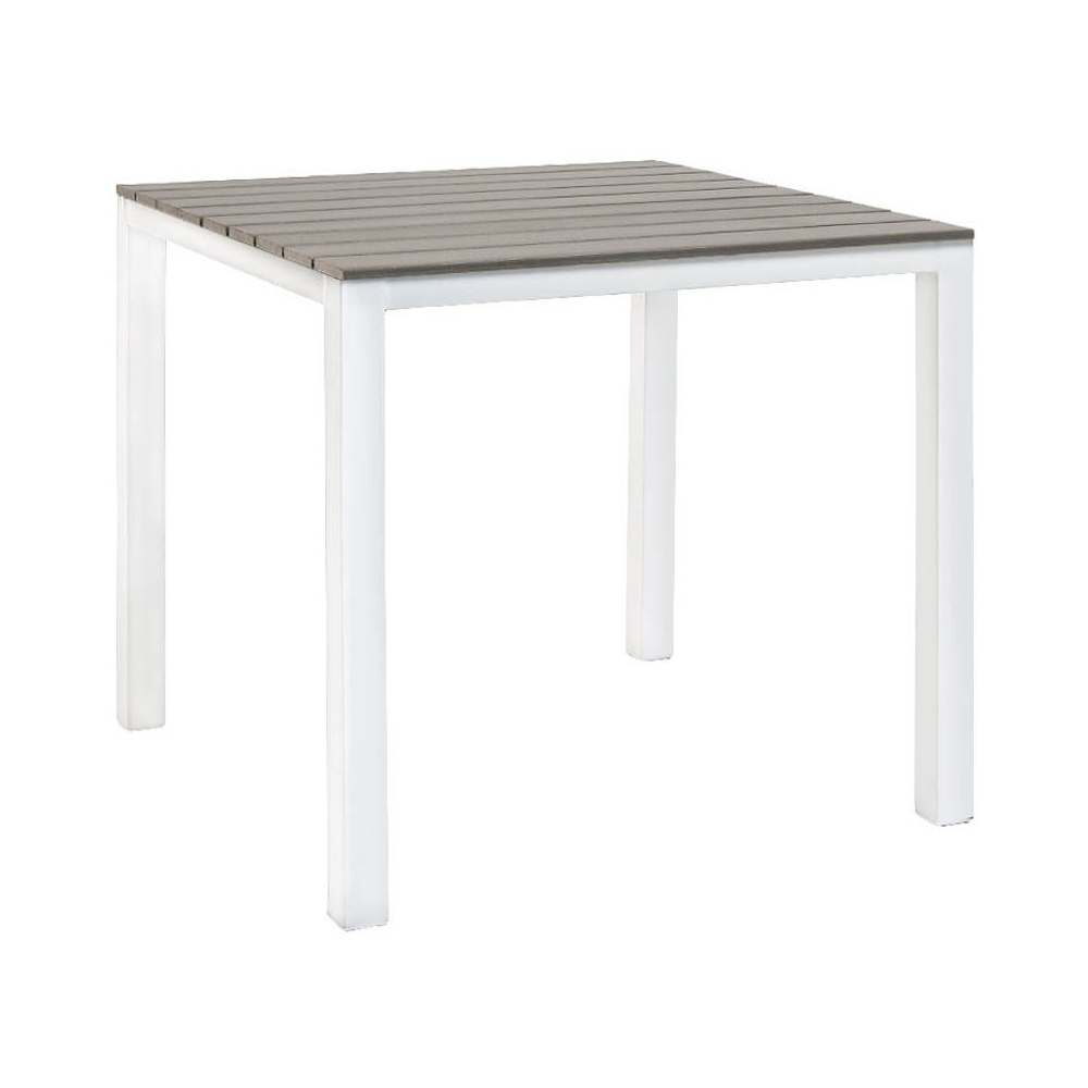 Table with Gray Finish Faux Teak Top and White Metal Frame