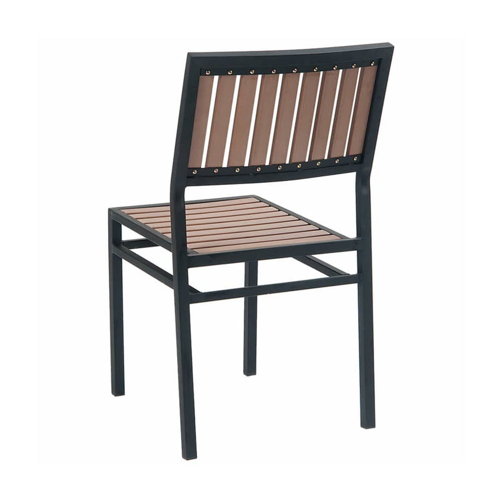 Metal Chair with Natural Finish Vertical Slat Faux Teak, Black