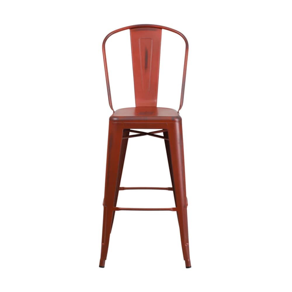 Metal Bar Stool in Distressed Red, Bistro-Style
