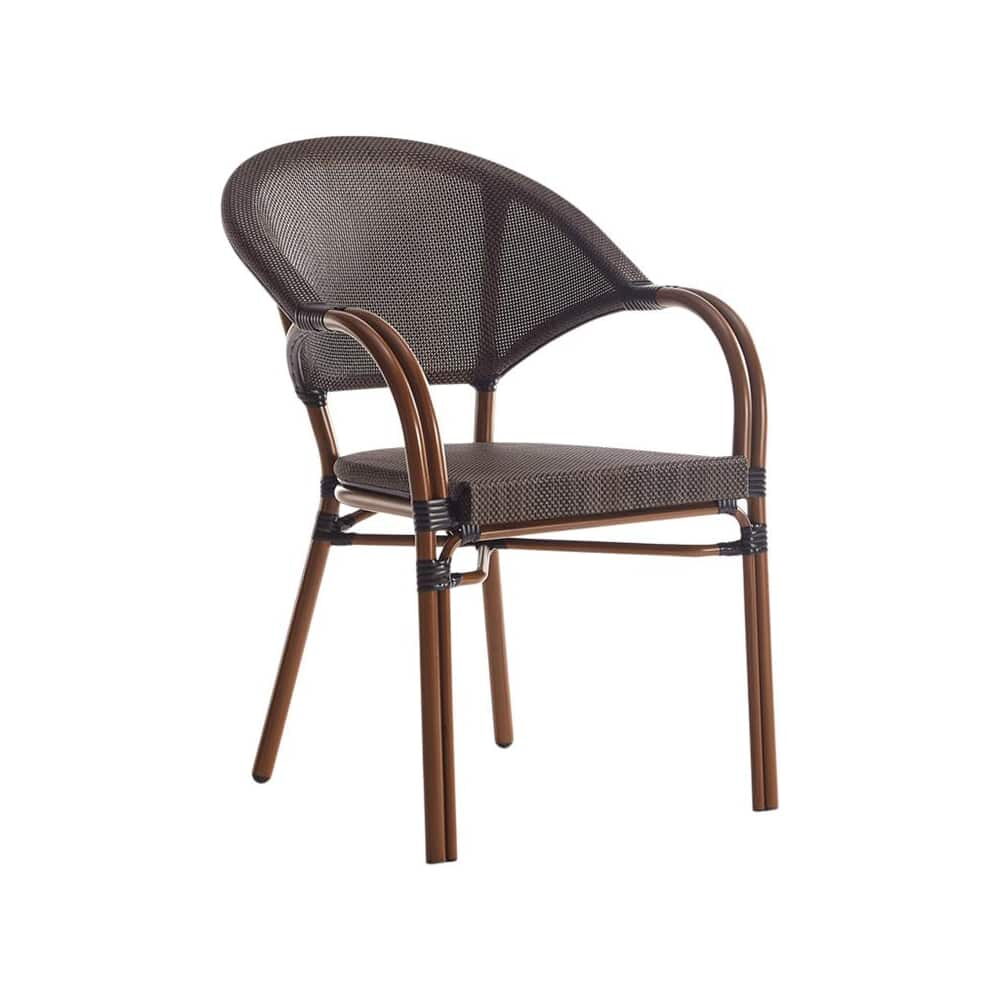 Patio Armchair with Dark Brown Rattan, Metal Bamboo and Walnut Frame