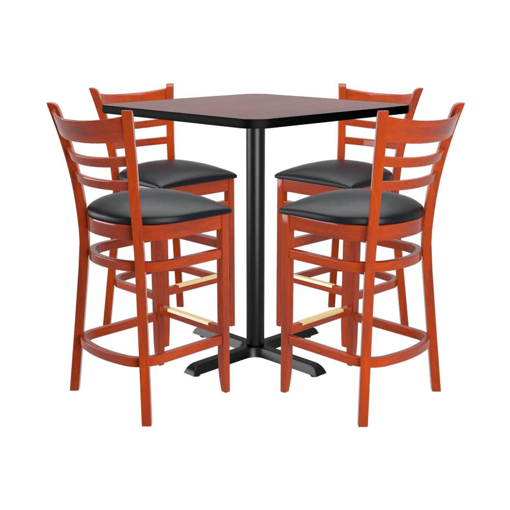 Set of 4 Bar Stools, Ladder-Back Wood with Square Reversible Table
