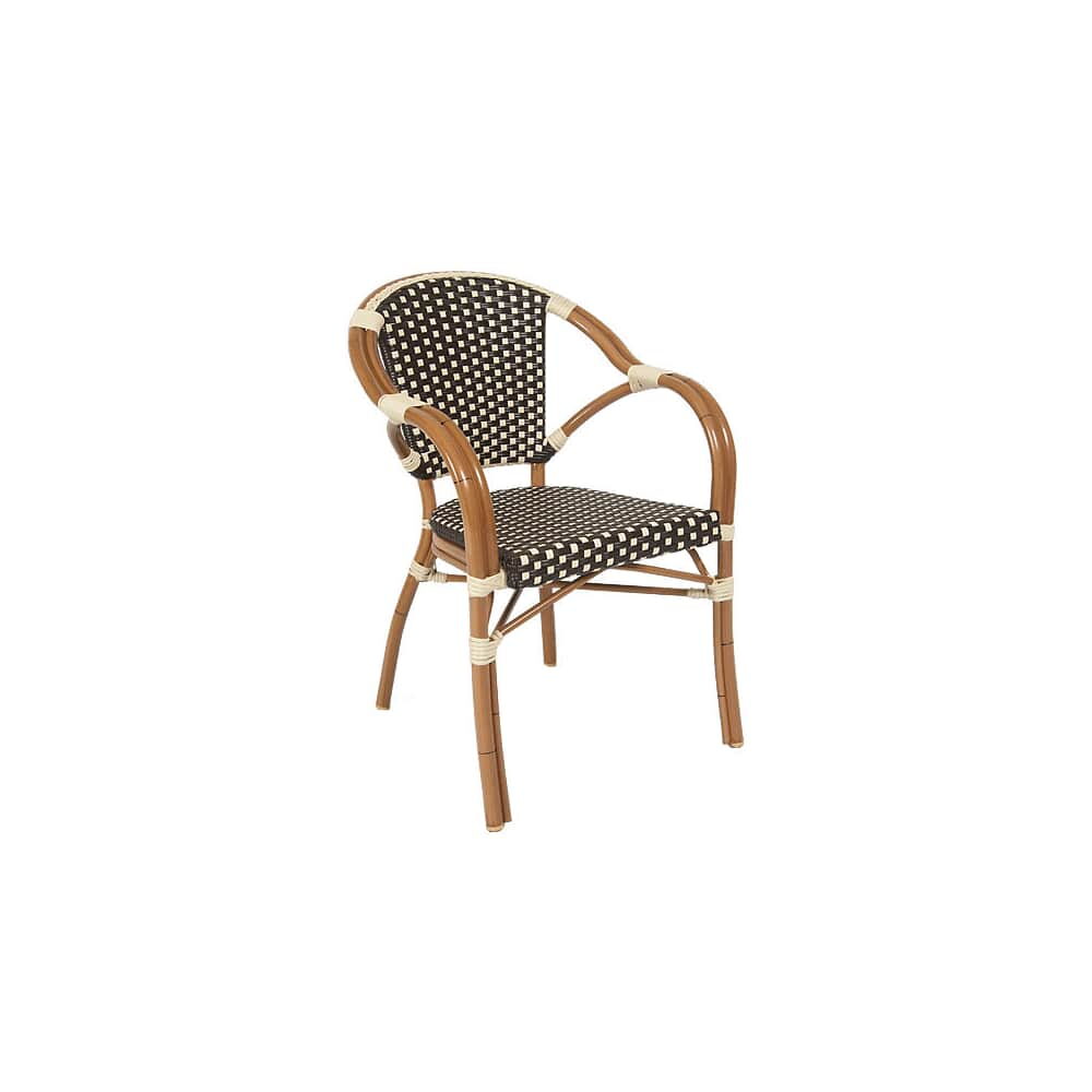 Patio Armchair with Brown and White Faux Wicker, Aluminum Walnut Finish
