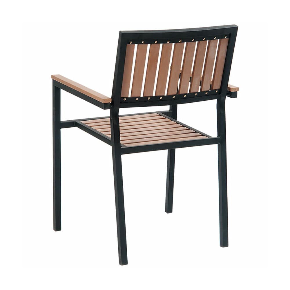 Armchair with Vertical Slat Faux Teak, Black Metal Natural Finish